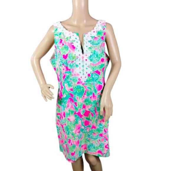 Lilly Pulitzer Dress Womens 16 Pink Green Gabby Shift Catty Shack Lace Trim - Picture 1 of 16